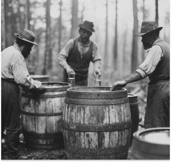 Florida Moonshine Heritage bootleggers with barrels of moonshine